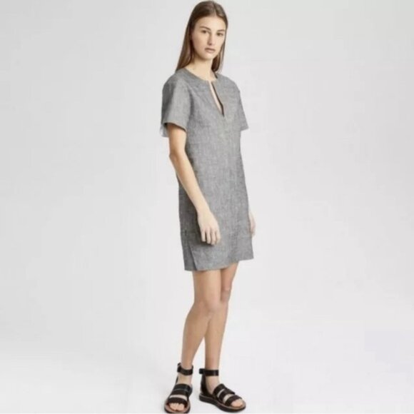 NWT Theory LINEN Blend SLIT FRONT SHIFT Sharkskin Crunch Mini Dress MEDIUM - Picture 2 of 15